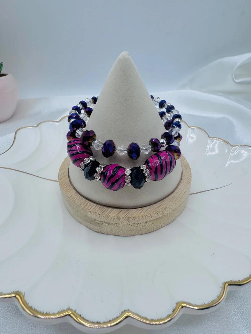 Pink Purple Zebra Print Beaded Bracelet Set Glam Sparkly Jewelry